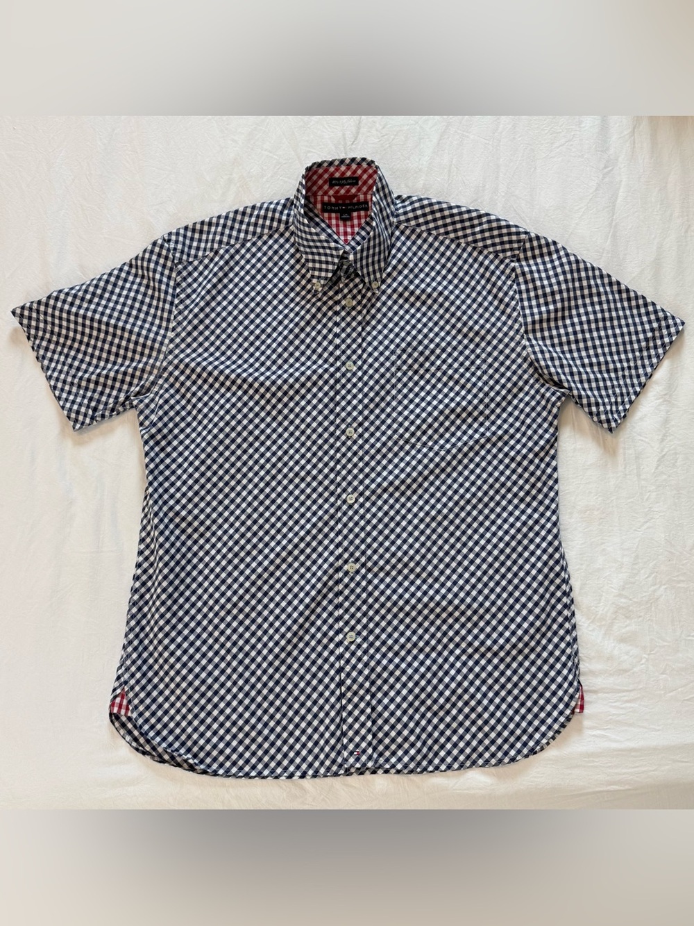 Men's Navy and White Gingham Short-Sleeve Button-Down Shirt